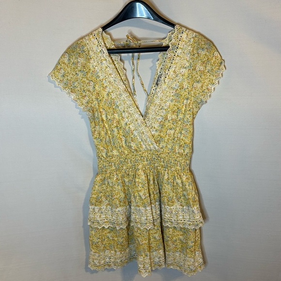 American Eagle Cotton Linen Yellow Deep V-Neck Mini Dress Lace Floral Medium - Picture 1 of 8